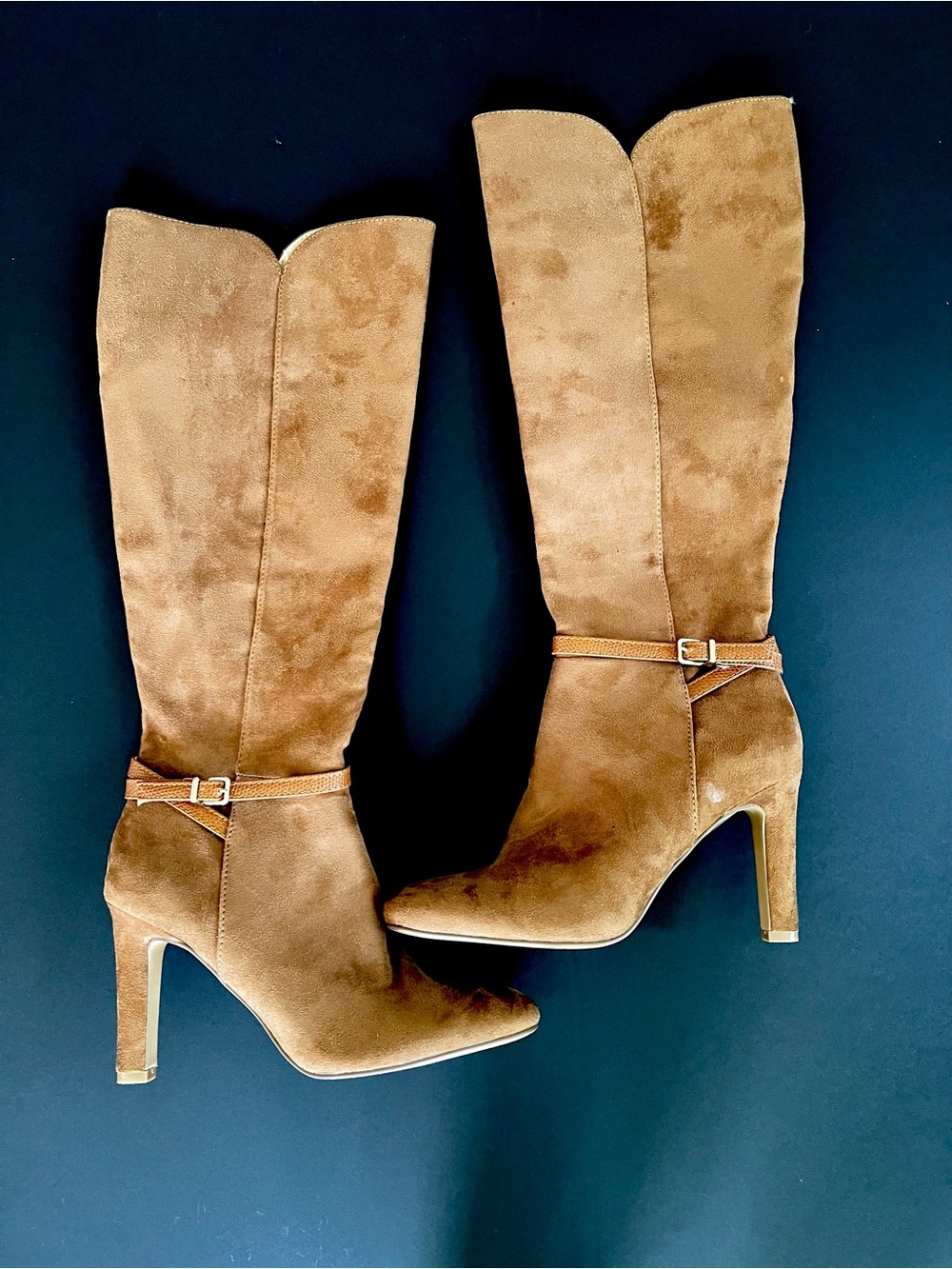 Express Tan Suede Knee High Stiletto Boots with Ankle Strap Heeled Boots
